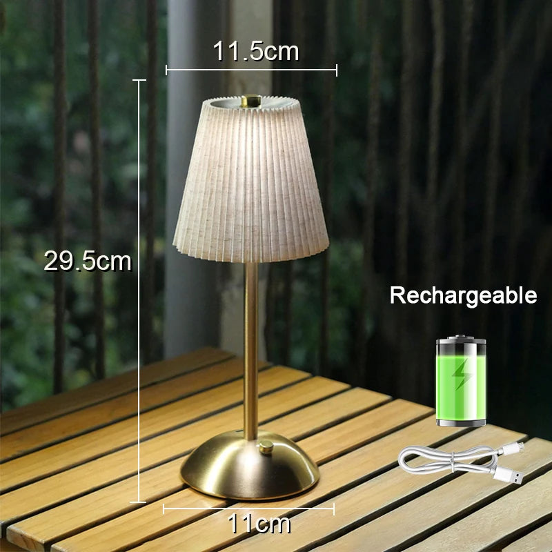 Beige Nell rechargeable pleated lamp dimensions and charging cable