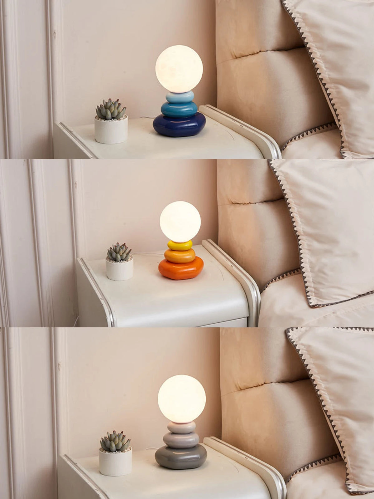 Cielo ceramic table lamps shown in blue, orange, and gray finishes