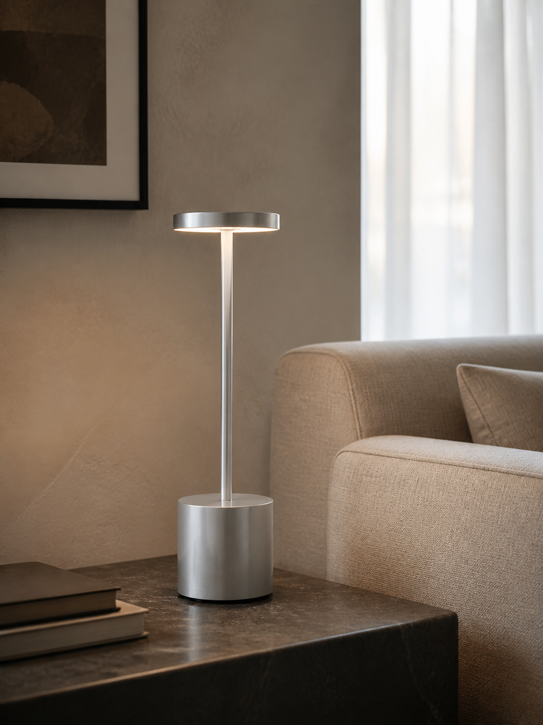 Silver Astor cordless table lamp on a side table beside a sofa