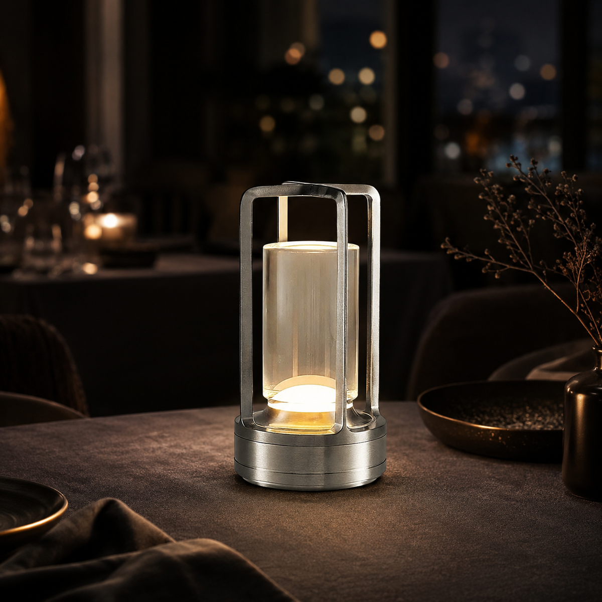 Ember Marlow cordless lamp in silver lit on a dark restaurant table at night