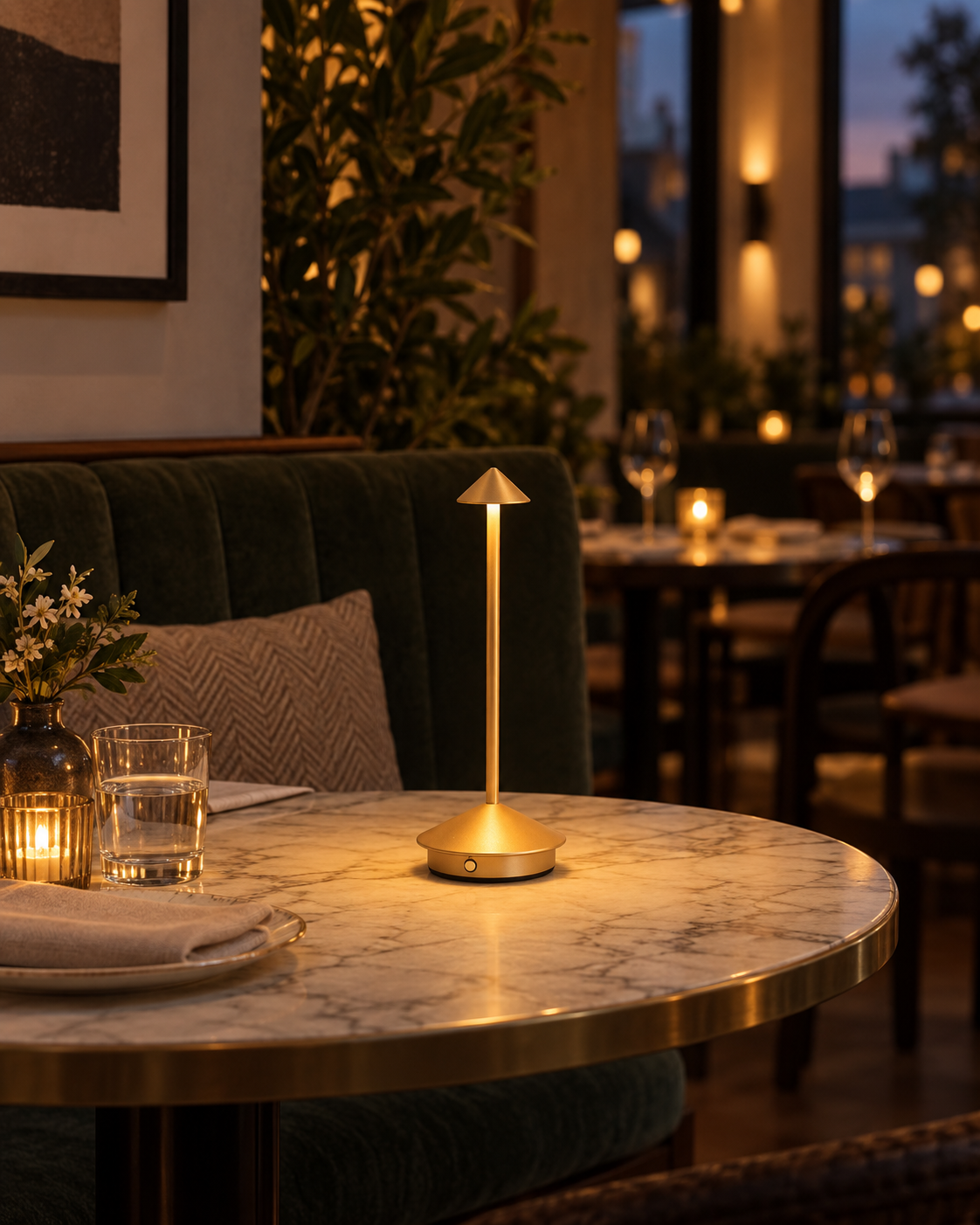 Gold Noma cordless table lamp on a bistro table at dusk