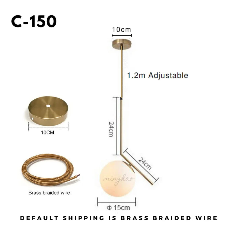 Gold Lune C-150 angled pendant dimensions with 15 cm opal globe