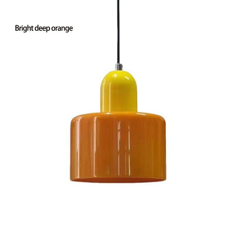 Bright orange Mira glass pendant with a yellow top