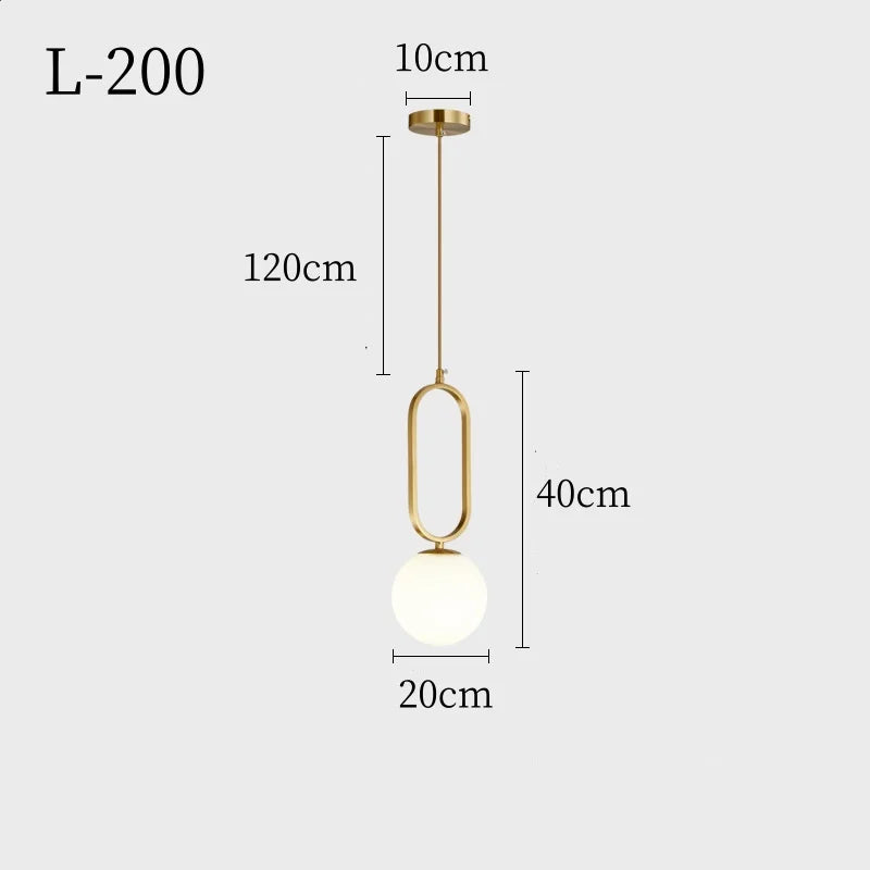 Gold Lune L-200 pendant dimensions with 20 cm opal globe