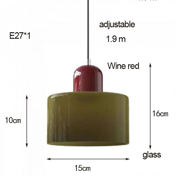 Mira olive glass pendant dimensions with a wine red top