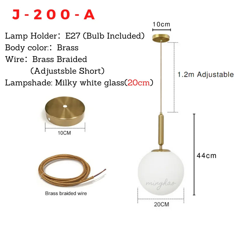 Gold Lune J-200-A pendant dimensions with 20 cm opal globe