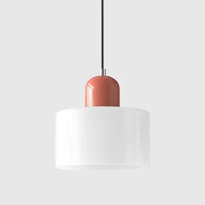 White Mira glass drum pendant with a coral top