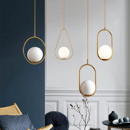 Four sculptural frame options for the Lune opal globe pendant