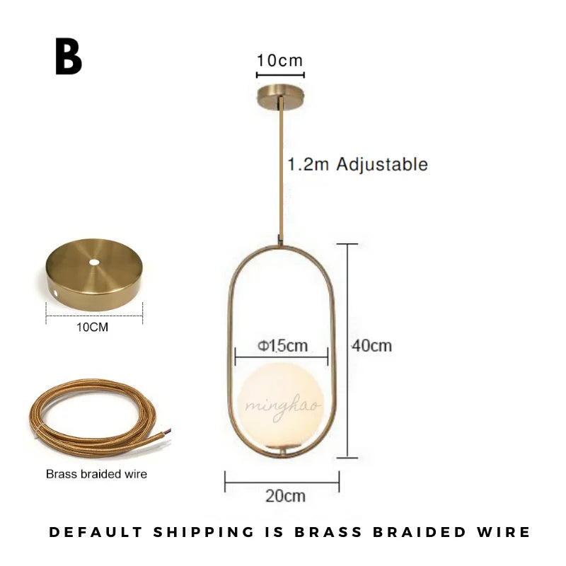 Lune pendant option B dimensions with brass cord and 15 cm globe