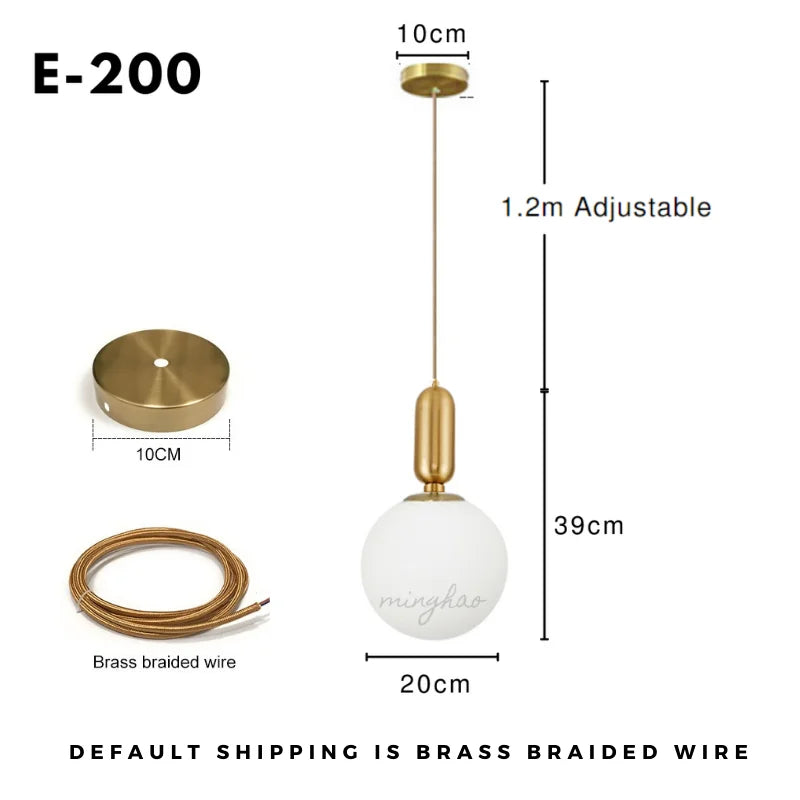 Gold Lune E-200 pendant dimensions with 20 cm opal globe