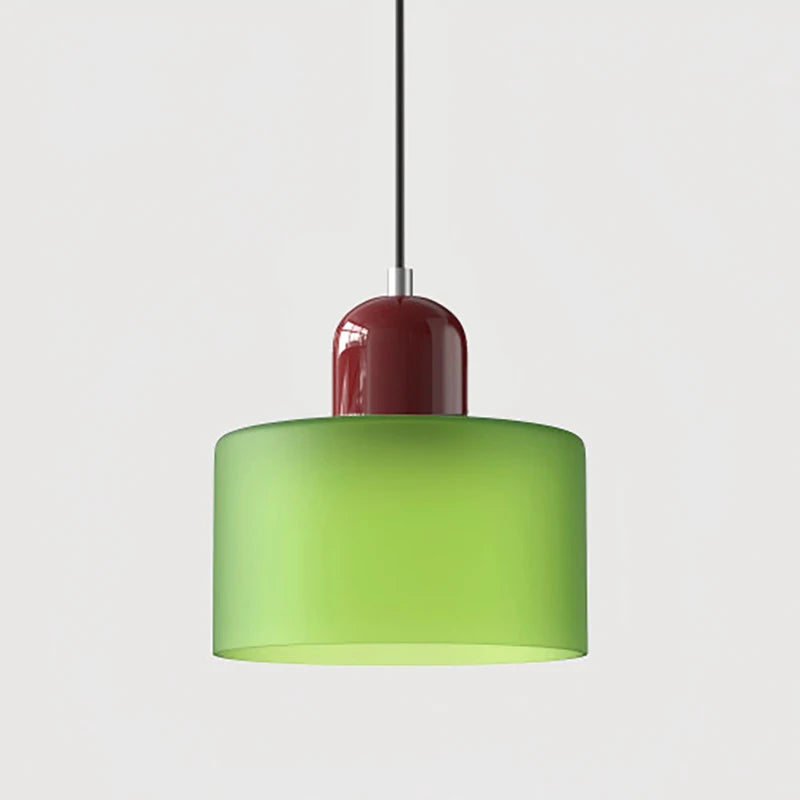 Glowing green Mira glass pendant with a wine red top