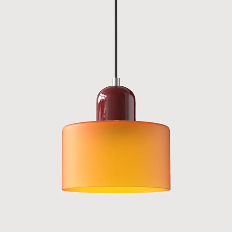 Illuminated orange Mira glass pendant with a wine red top