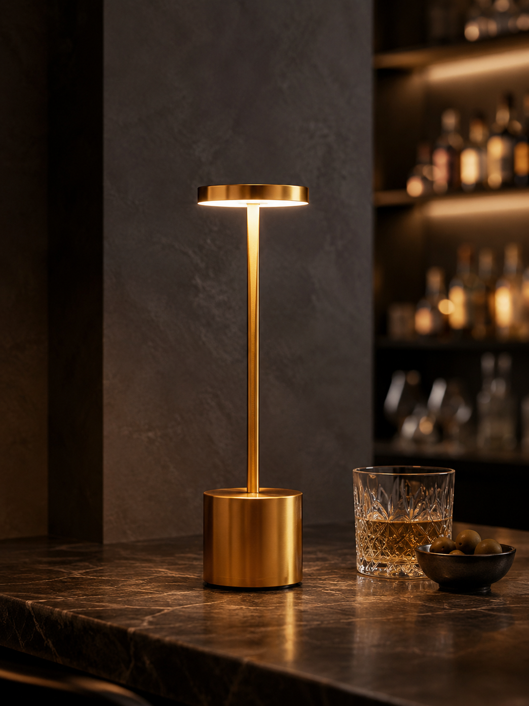 Ember Astor cordless lamp glowing on a dark stone bar at dusk