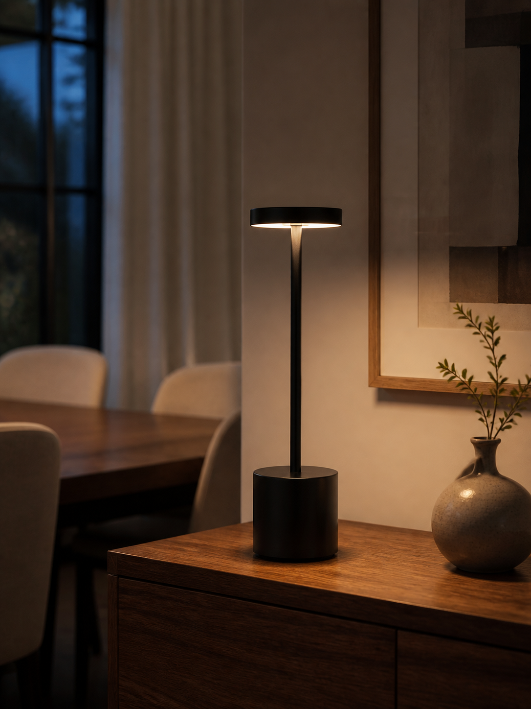 Black Astor cordless table lamp glowing on a wood sideboard
