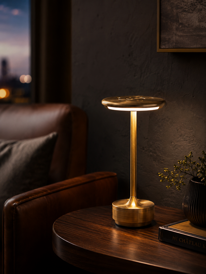 Ember Atlas cordless lamp on a walnut side table in a lounge at dusk