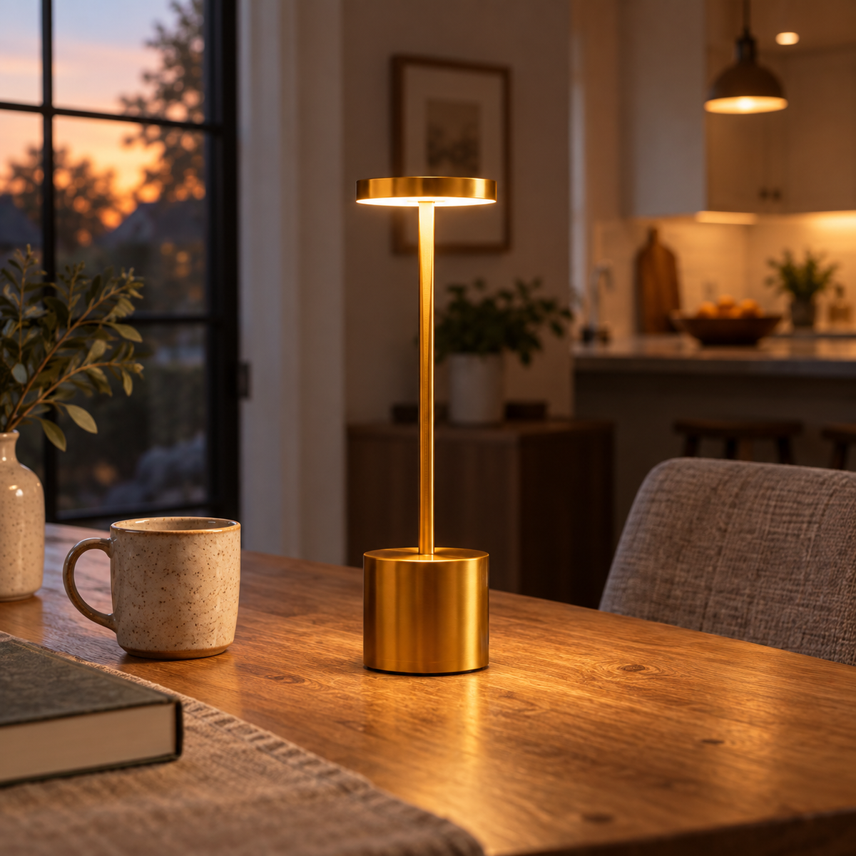Gold Astor cordless lamp on an ordinary oak dining table at evening
