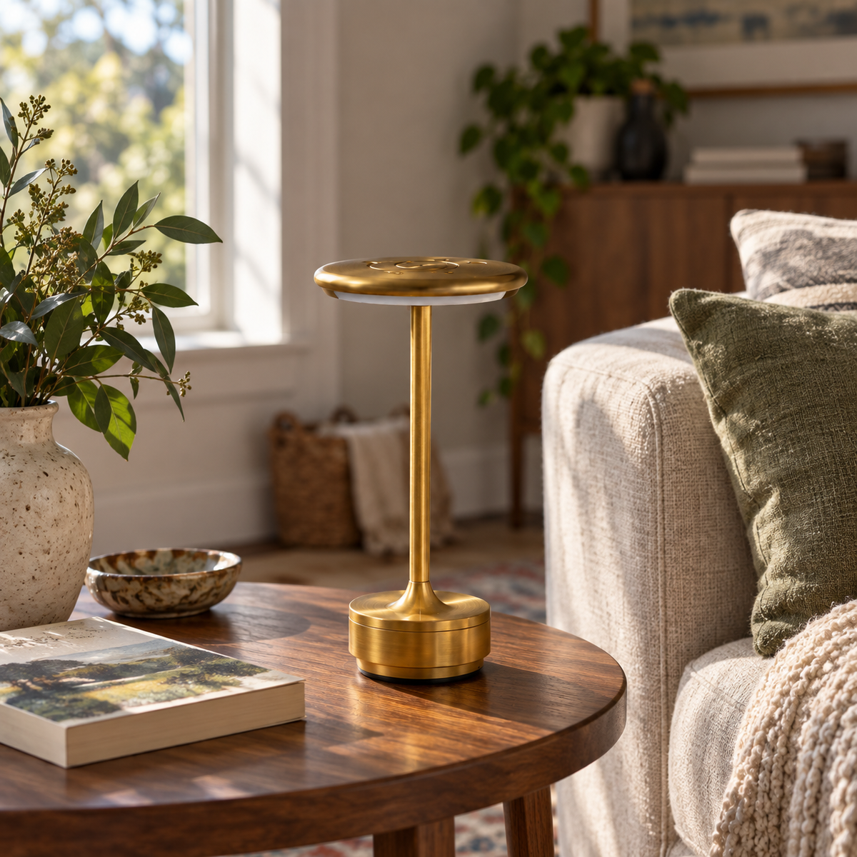 Gold Atlas cordless lamp on a sunlit home side table