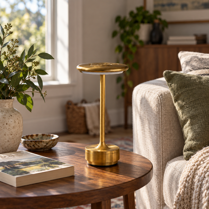 Gold Atlas cordless lamp on a sunlit home side table