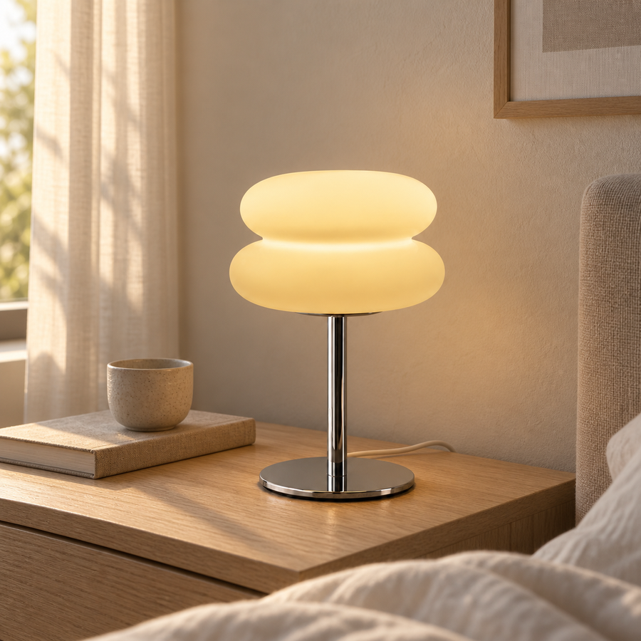 Halo frosted tiered USB lamp beside a bed in soft morning light