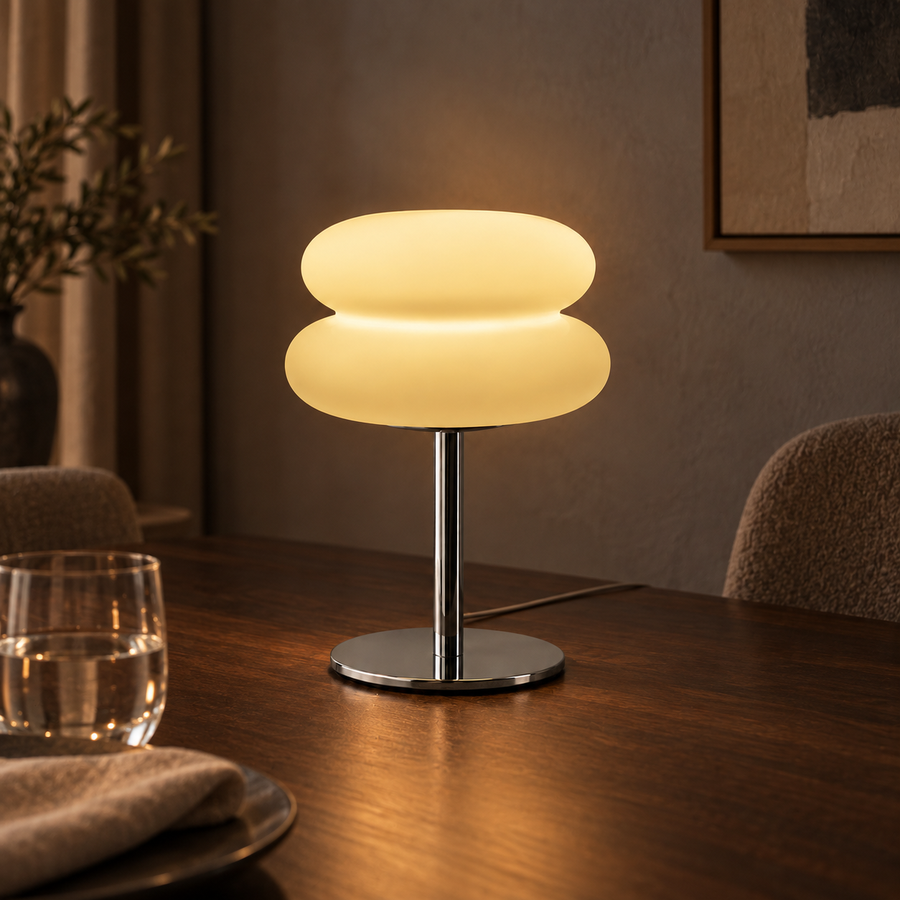 Halo frosted tiered USB lamp on an ordinary home dining table at evening