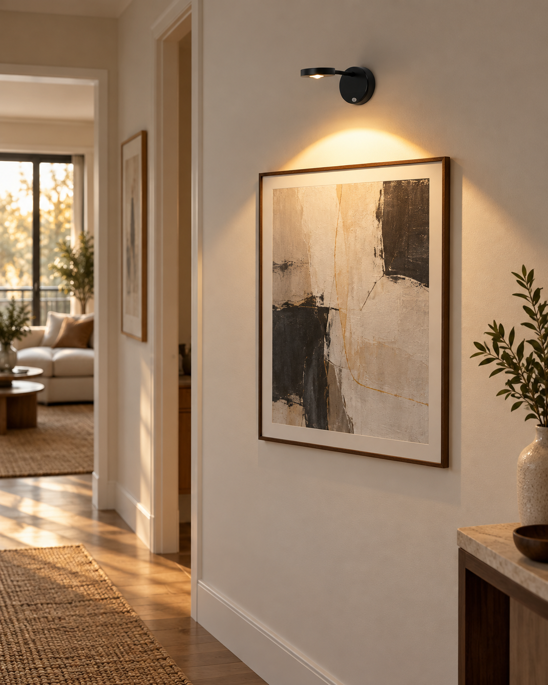 Black Liora rechargeable picture light above framed artwork in a sunlit hallway