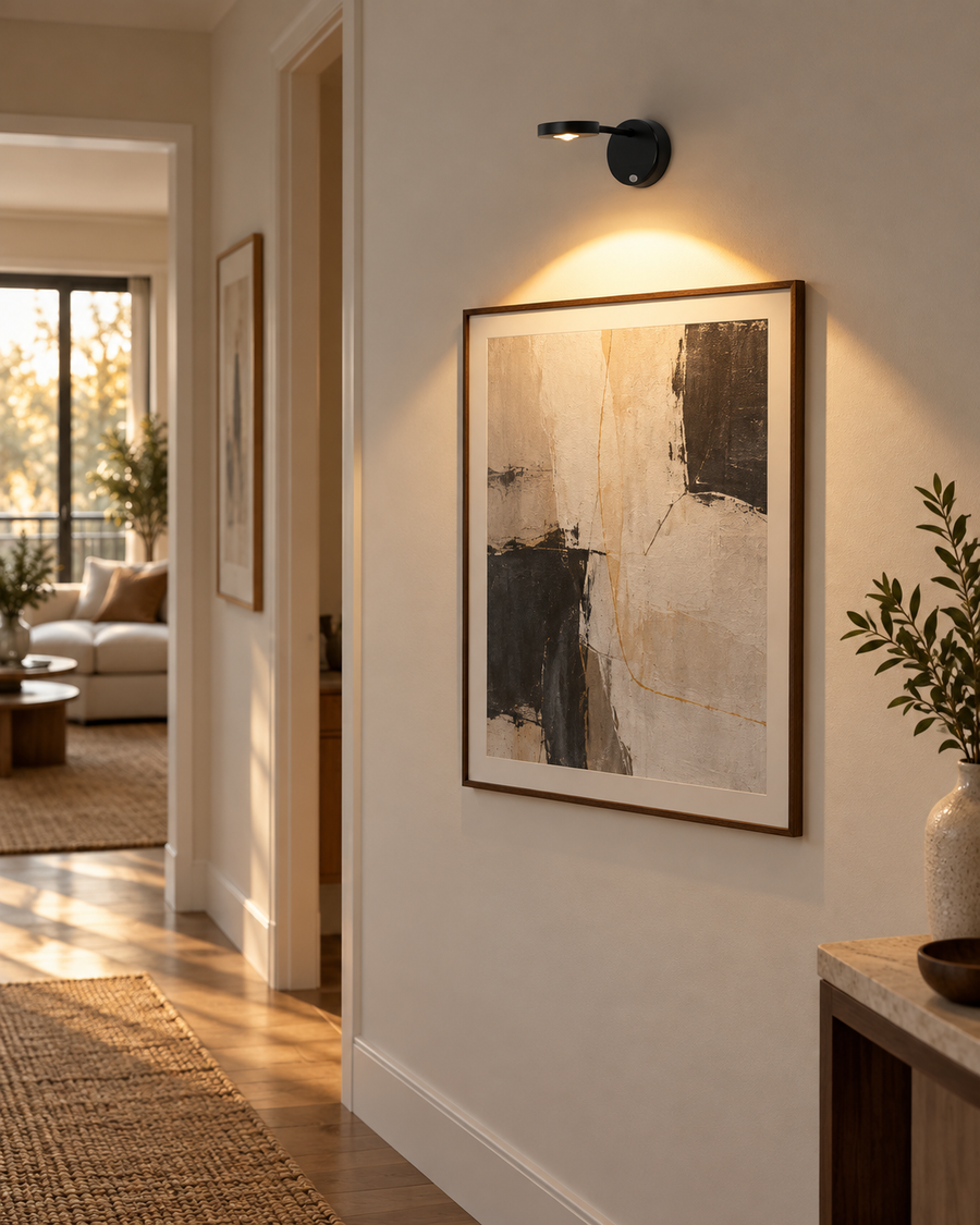 Black Liora rechargeable picture light above framed artwork in a sunlit hallway