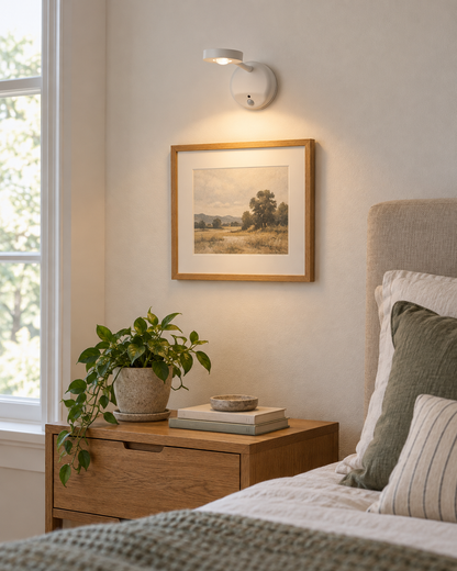 White Liora rechargeable picture light above framed artwork in a bright bedroom