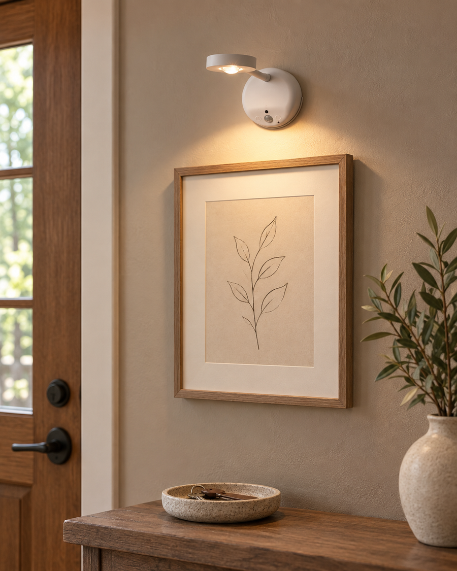 White Liora rechargeable picture light above framed artwork in an entryway