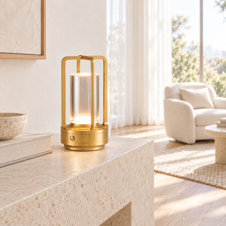 Gold Marlow cordless table lamp in a bright open living room