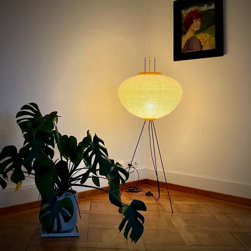 Nara Japanese paper floor lamp, lit