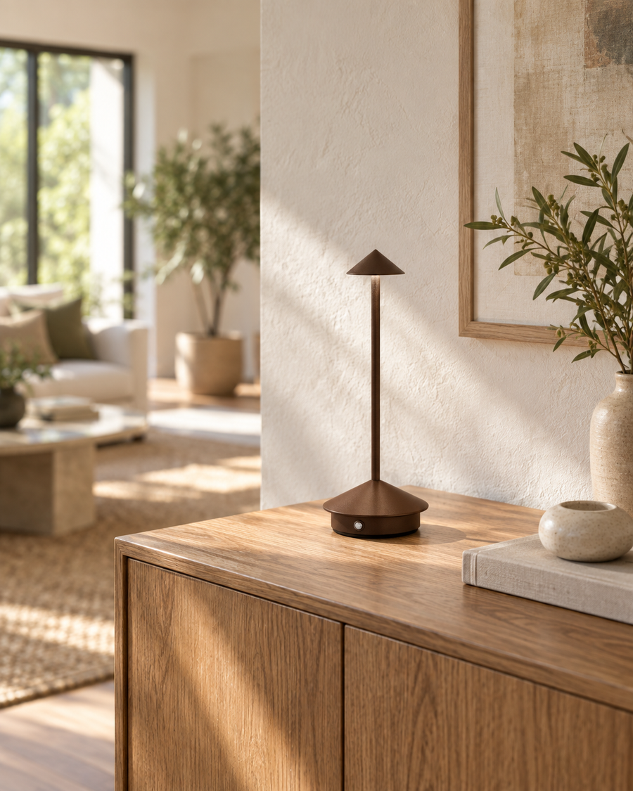 Bronze Noma cordless table lamp on a sunlit oak sideboard